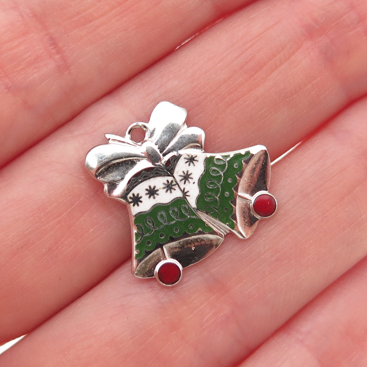 BEAU 925 Sterling Silver Vintage Enamel Christmas Bell Mini Charm Pendant