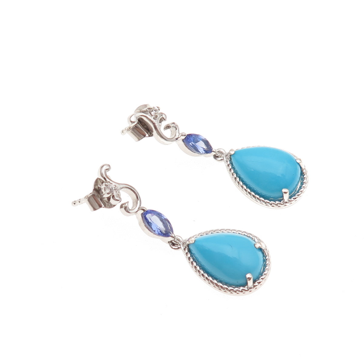 Chuck Clemency 925 Sterling Silver Real Turquoise & Tanzanite Dangle Earrings