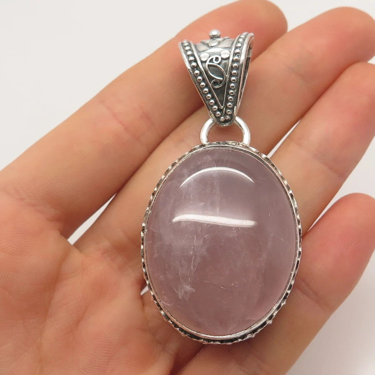 925 Sterling Silver Vintage Real Rose Quartz Ornate Pendant