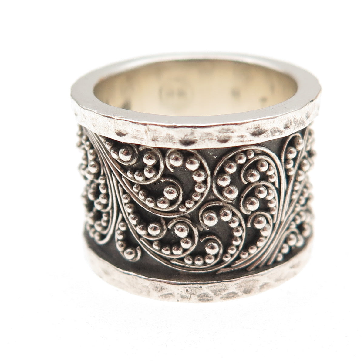 Lois Hill 925 Sterling Silver Vintage Granulated Scroll Wide Band Ring Size 6.5
