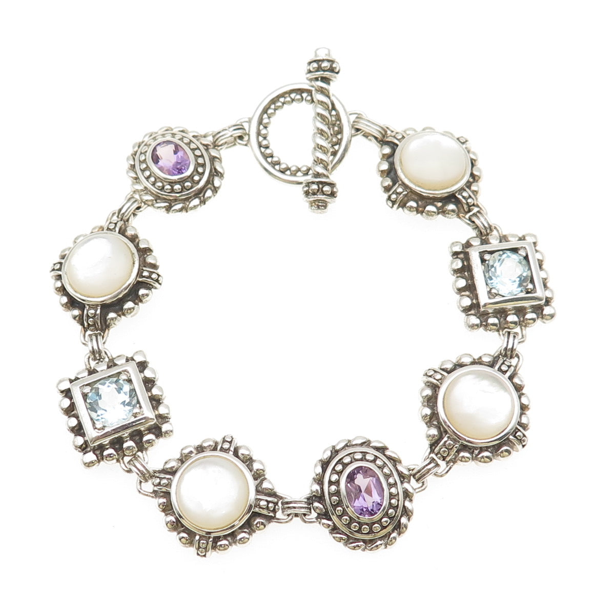 925 Sterling Silver Vintage Real MOP Amethyst & Blue Topaz Bracelet 7.75"