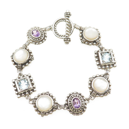 925 Sterling Silver Vintage Real MOP Amethyst & Blue Topaz Bracelet 7.75"