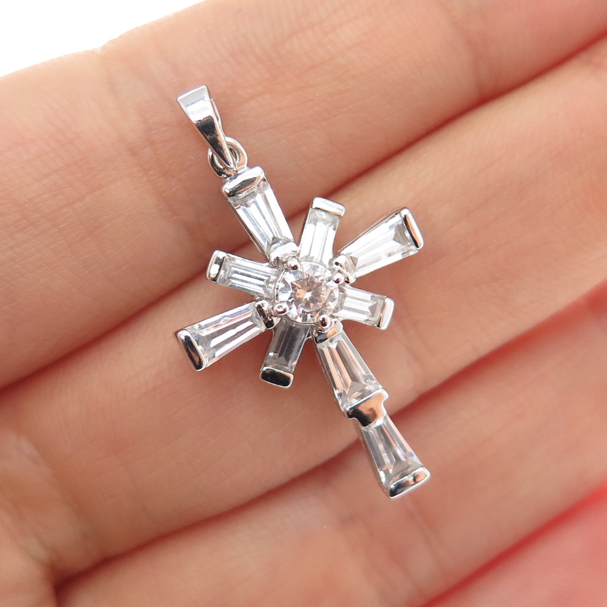 GSJ Gold Stone Sterling Silver Tapered Baguette & Round-Cut C Z Cross Pendant