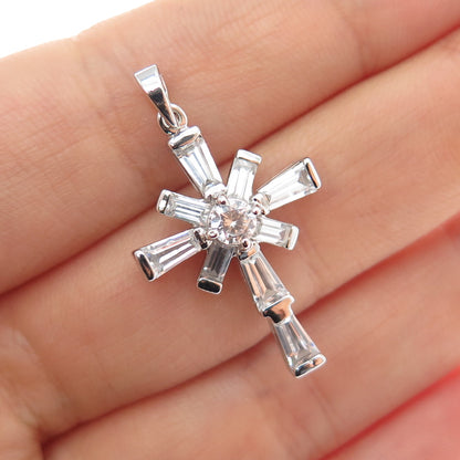 GSJ Gold Stone Sterling Silver Tapered Baguette & Round-Cut C Z Cross Pendant