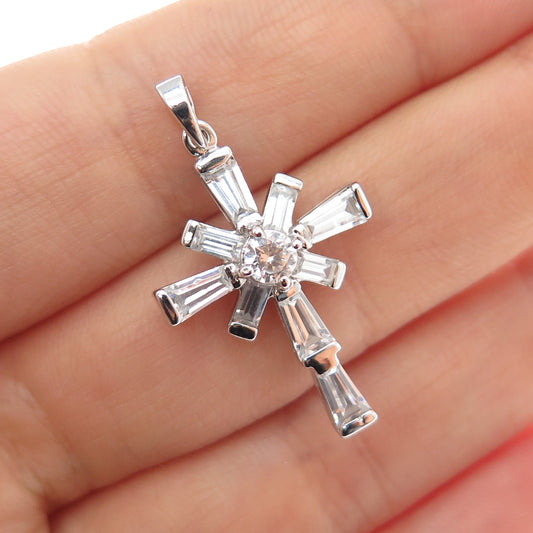 GSJ Gold Stone Sterling Silver Tapered Baguette & Round-Cut C Z Cross Pendant