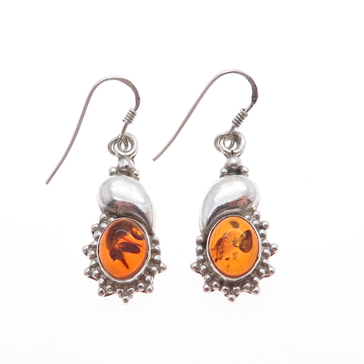 925 Sterling Silver Vintage Real Amber Modernist Granulated Dangle Earrings