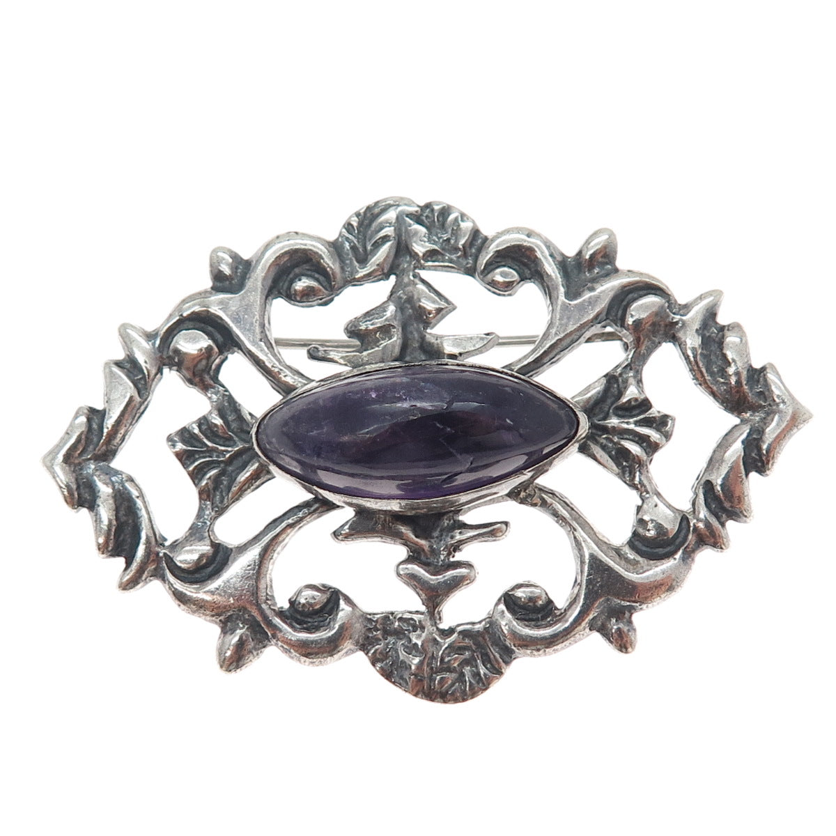 925 Sterling Silver Antique Mexico Real Amethyst Floral Oxidized Pin Brooch