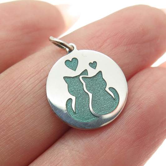 925 Sterling Silver Green Enamel Cat Couple Minimalist Round Tag Charm Pendant