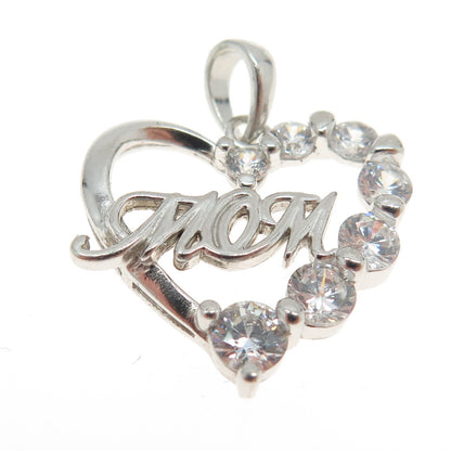 925 Sterling Silver Graduated Round-Cut C Z "MOM" Heart Pendant