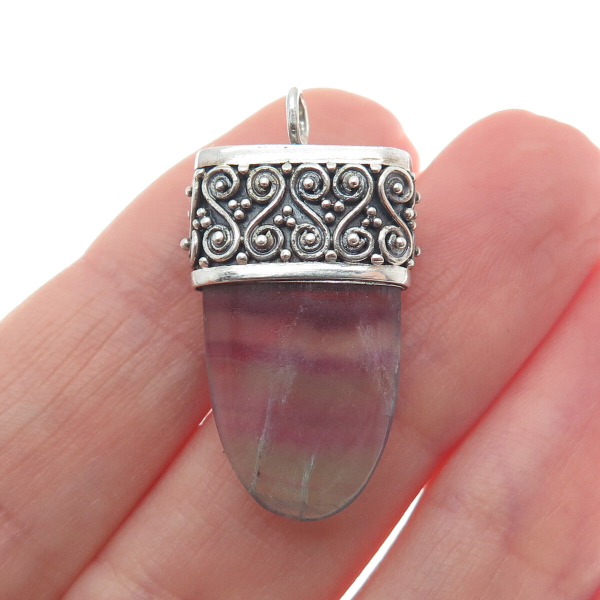 925 Sterling Silver Vintage Purple Green Fluorite Gem Swirl Amulet Pendant