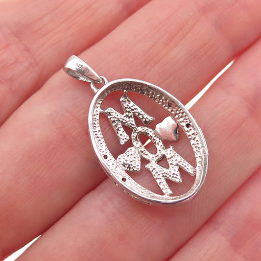 925 Sterling Silver Real Round-Cut Diamond Mom Heart Charm Pendant
