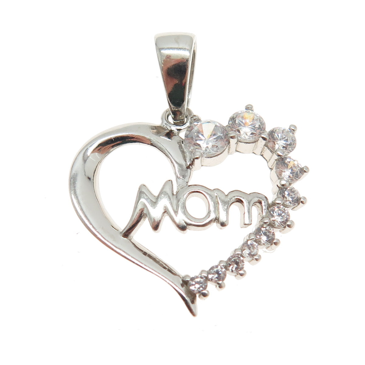 HAN 925 Sterling Silver Round-Cut C Z "Mom" Heart Pendant