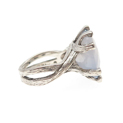 925 Sterling Silver Vintage Real Diamond & Chalcedony Modernist Ring Size 5.5