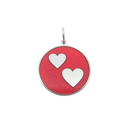 925 Sterling Silver Red Enamel Couple Heart Round Tag Minimalist Charm Pendant