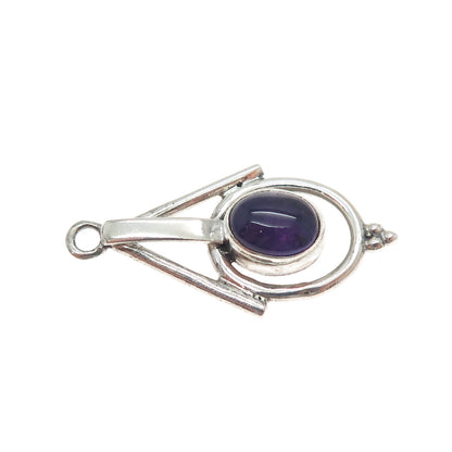 925 Sterling Silver Vintage Real Amethyst Modernist Oxidized Charm Pendant