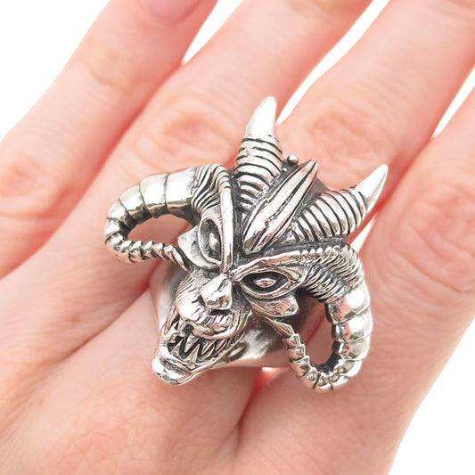 925 Sterling Silver Vintage Demon Skull Oxidized Adjustable Ring Size 9.5