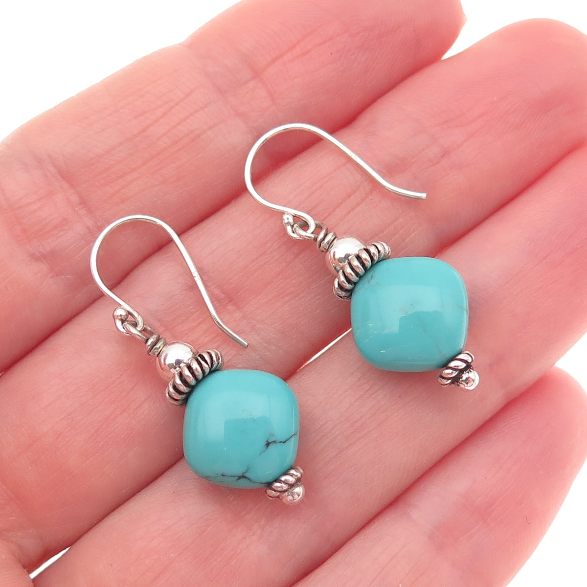 925 Sterling Silver Vintage Real Tyrone Turquoise Cannetille Dangle Earrings