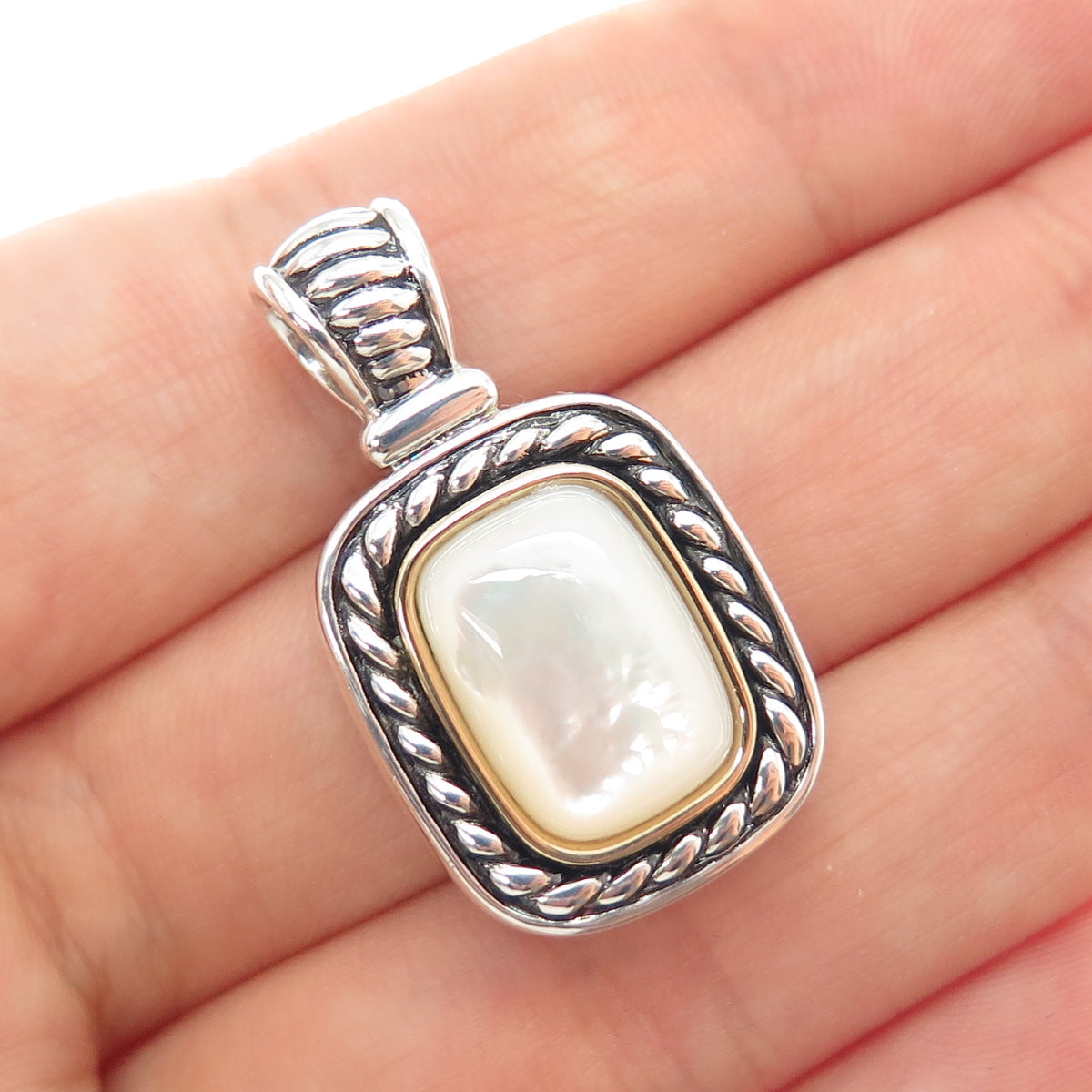 14K Gold 925 Sterling Silver Vintage Real MOP Oxidized Charm Pendant