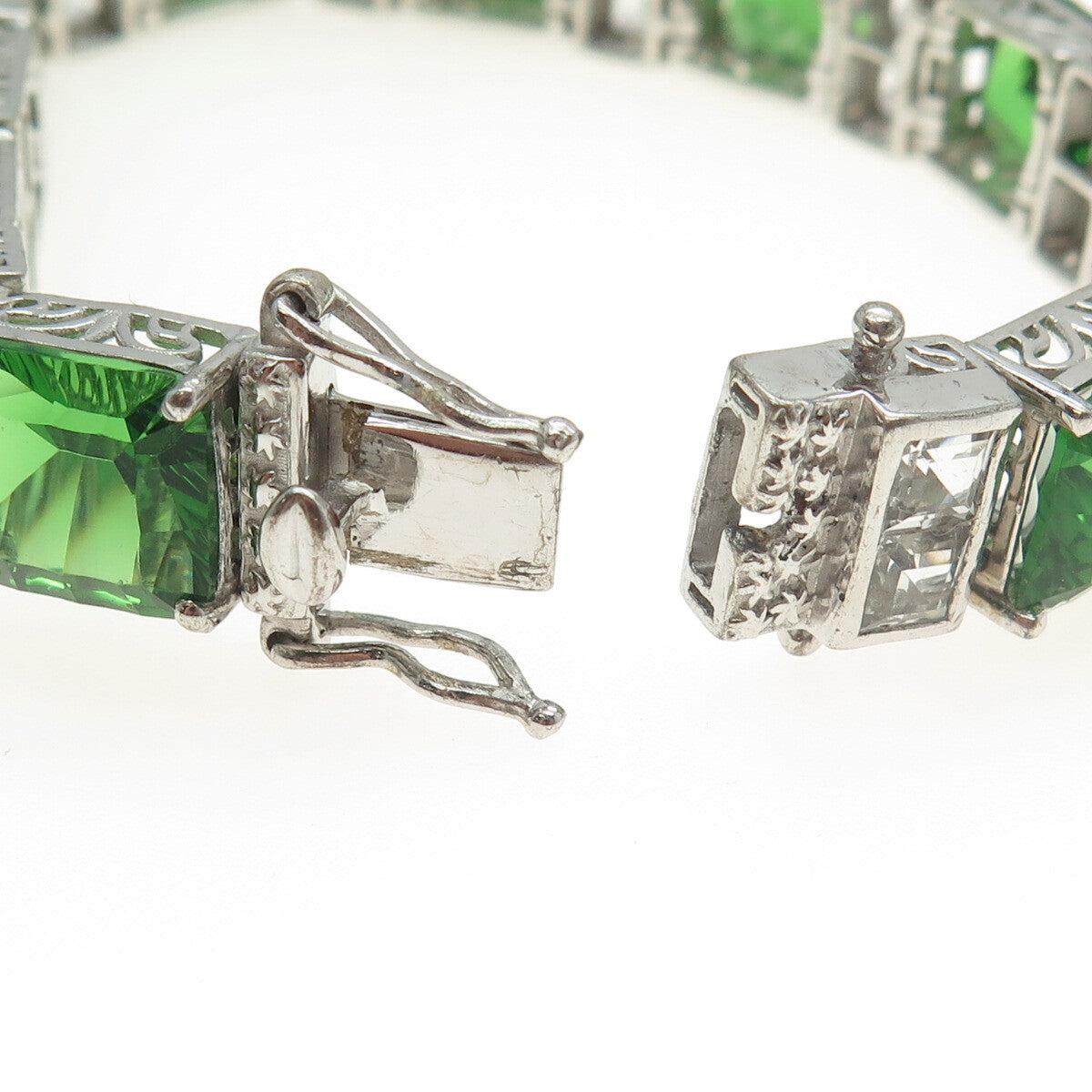 CHUCK CLEMENCY 925 Sterling Silver Green Glass & C Z Panel Link Bracelet 7.5"