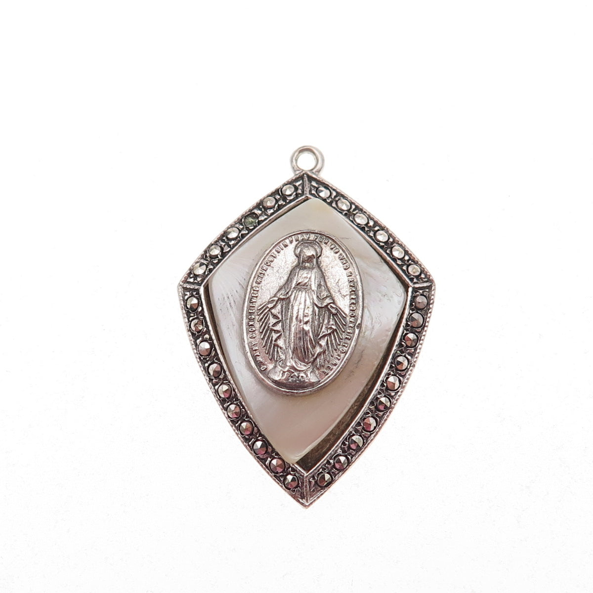 925 Sterling Silver Antique Art Deco Real MOP & Marcasite St. Mary Charm Pendant