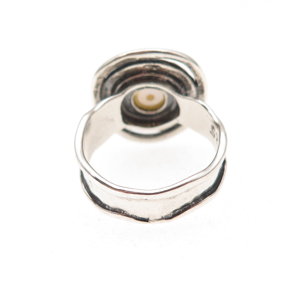 925 Sterling Silver Vintage Real Pearl Modernist Oxidized Ring Size 6