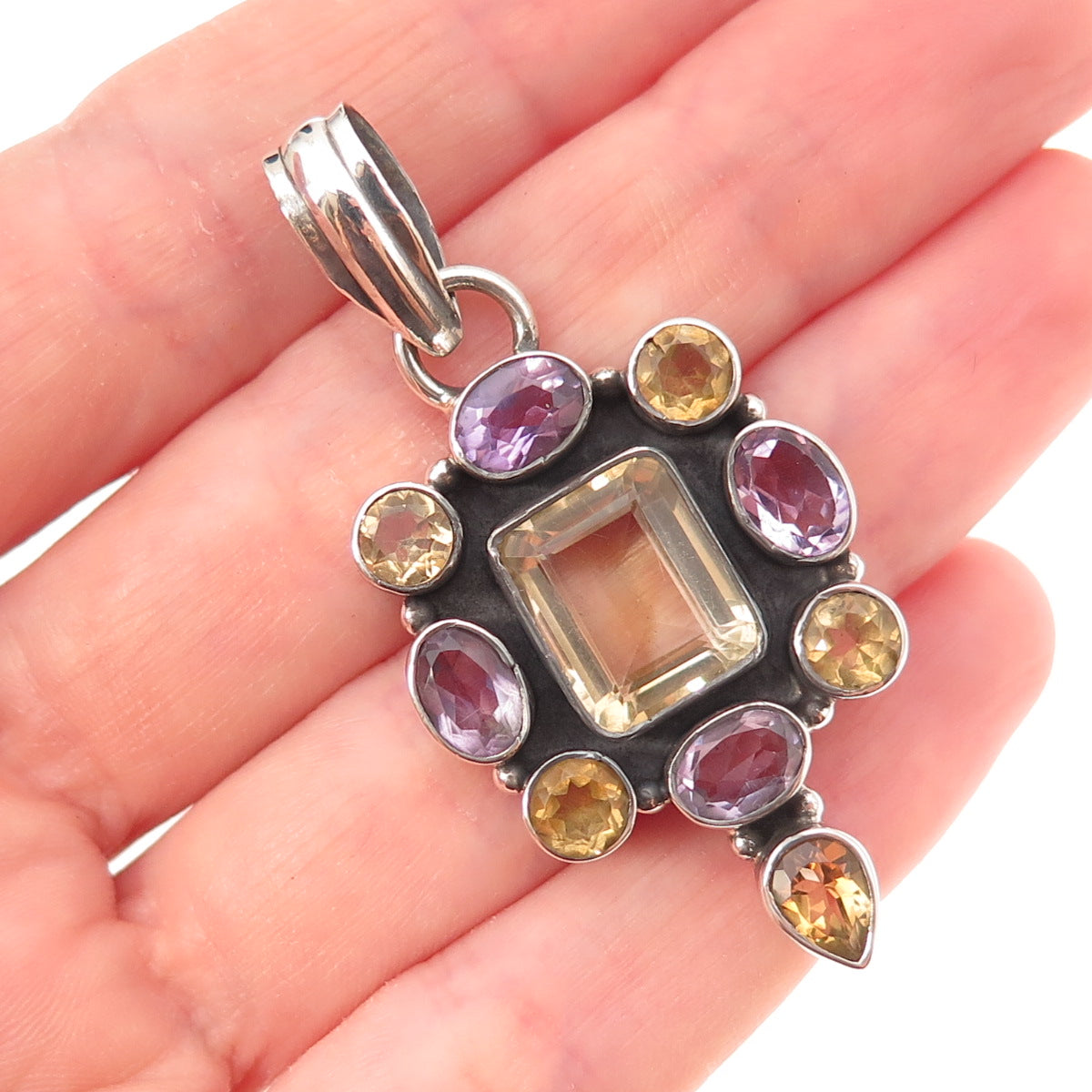 925 Sterling Silver Vintage Real Amethyst & Citrine Oxidized Pendant