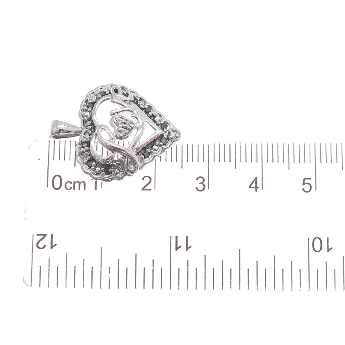 925 Sterling Silver Real White & Black Diamond "Love" Heart Pendant