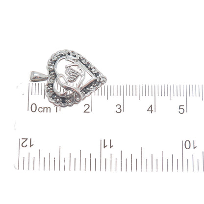 925 Sterling Silver Real White & Black Diamond "Love" Heart Pendant