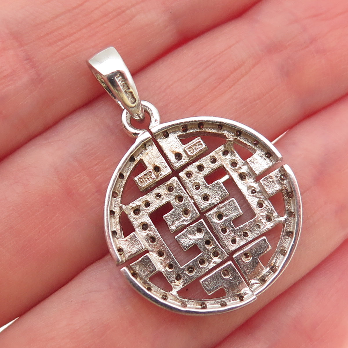 925 Sterling Silver Real Round-Cut Diamond Greek Key Charm Pendant