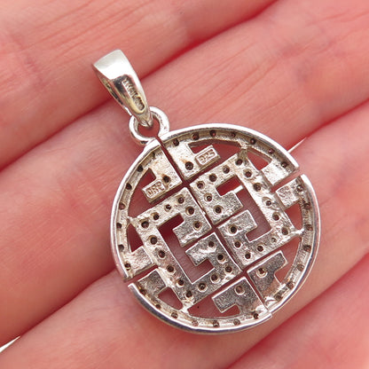 925 Sterling Silver Real Round-Cut Diamond Greek Key Charm Pendant