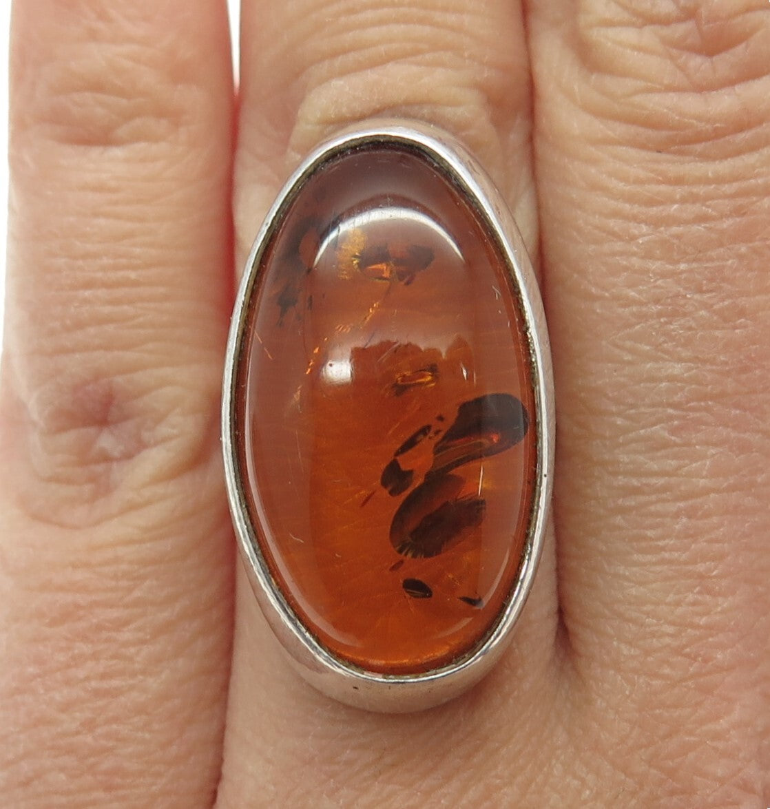 925 Sterling Silver Vintage European Real Amber Ring Size 5.25