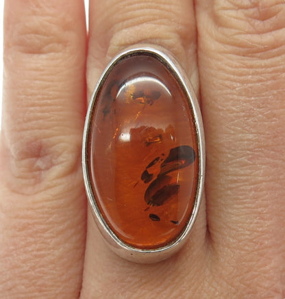 925 Sterling Silver Vintage European Real Amber Ring Size 5.25