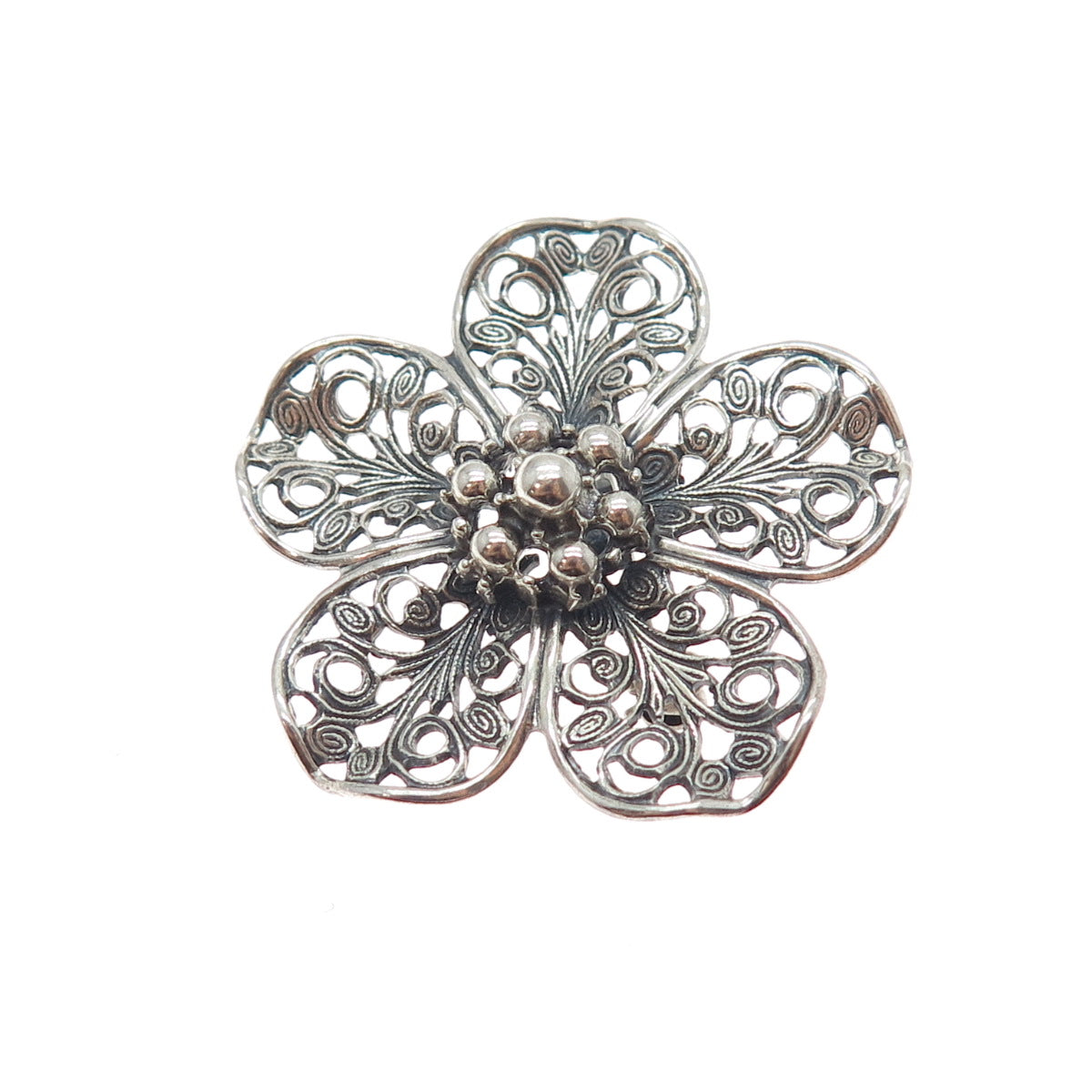 BEAU 925 Sterling Silver Antique Art Deco Flower Filigree Oxidized Pin Brooch
