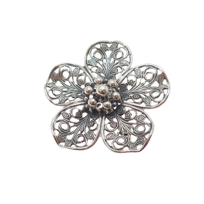 BEAU 925 Sterling Silver Antique Art Deco Flower Filigree Oxidized Pin Brooch