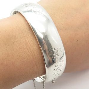 925 Sterling Silver Vintage Etched Floral Hinged Bangle Bracelet 7.5"