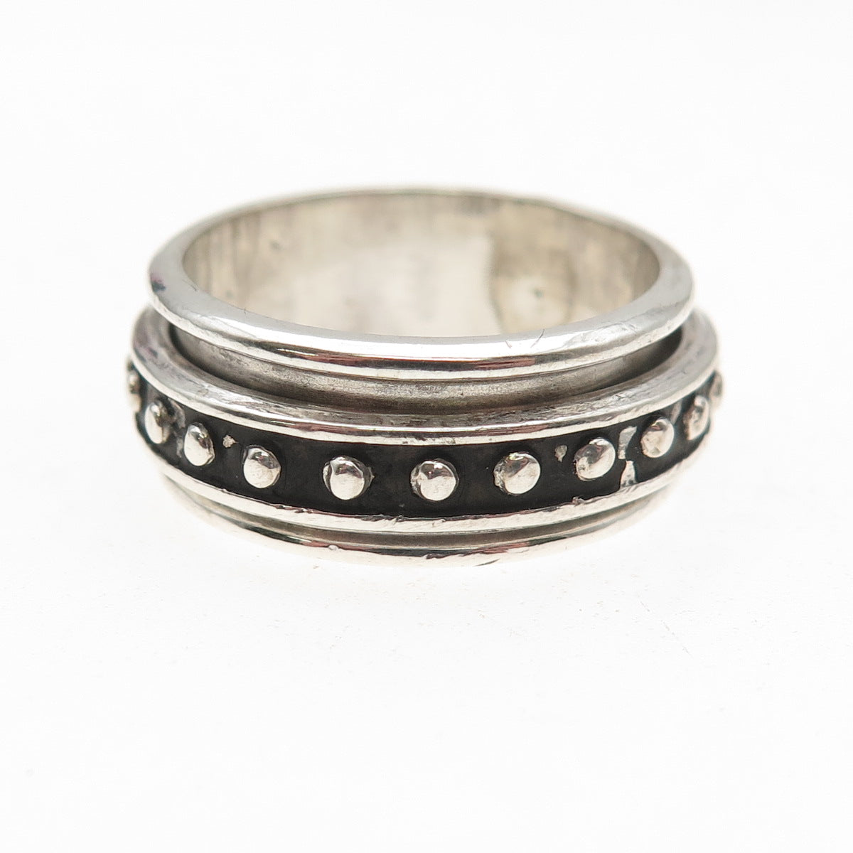 925 Sterling Silver Vintage Mexico Dotted Oxidized Rotating Band Ring Size 10.5