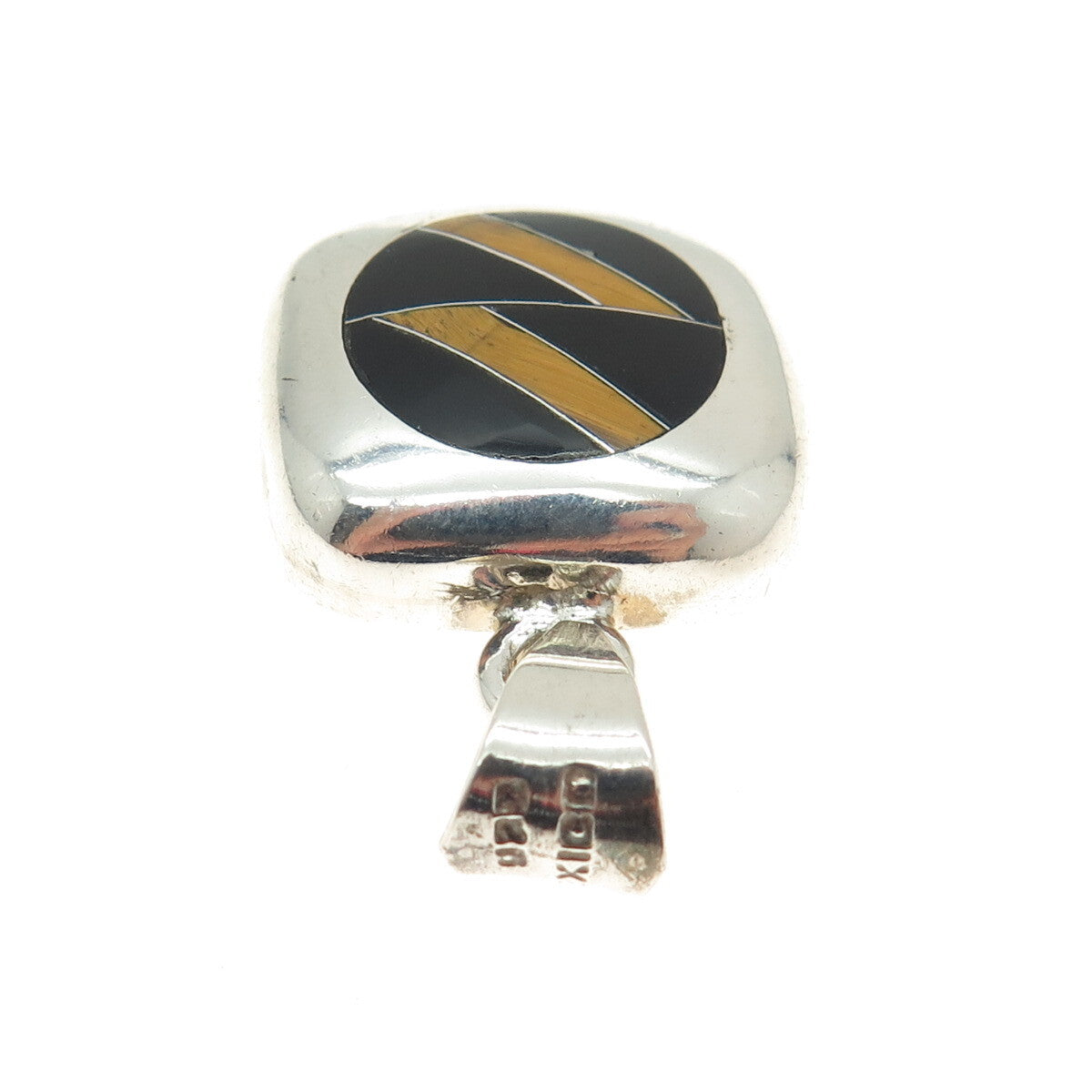 925 Sterling Silver Vintage Mexico Real Tiger Eye & Black Onyx Cushion Pendant