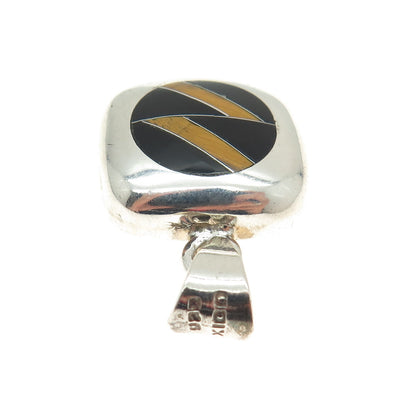 925 Sterling Silver Vintage Mexico Real Tiger Eye & Black Onyx Cushion Pendant