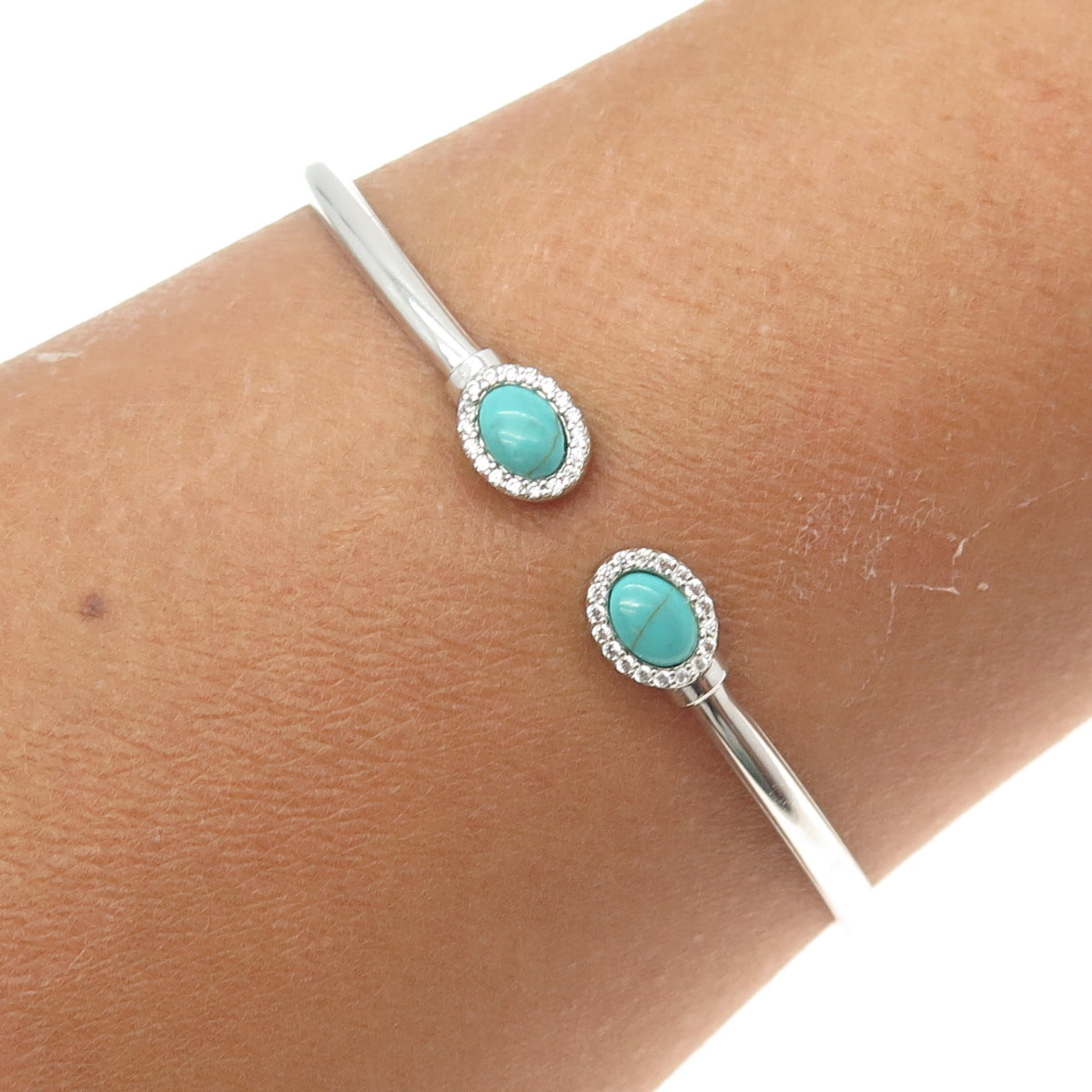 HAN 925 Sterling Silver Real Turquoise & C Z Adjustable Bangle Bracelet 7"