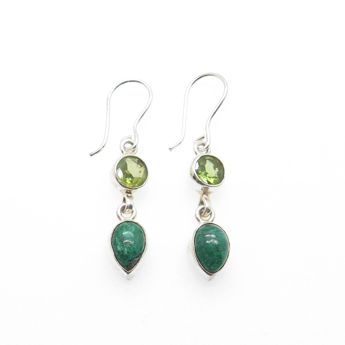 925 Sterling Silver Vintage Real Azurite & Peridot Dangle Earrings