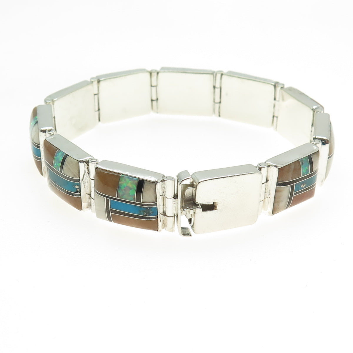 925 Sterling Vintage Southwestern Turquoise Agate Onyx Opal & MOP Bracelet 7.25"
