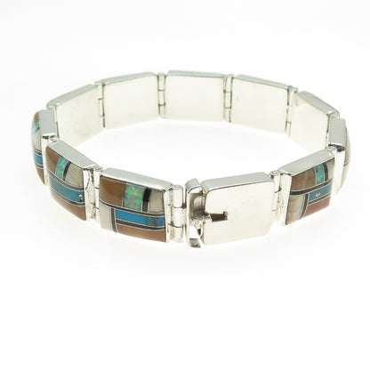 925 Sterling Vintage Southwestern Turquoise Agate Onyx Opal & MOP Bracelet 7.25"