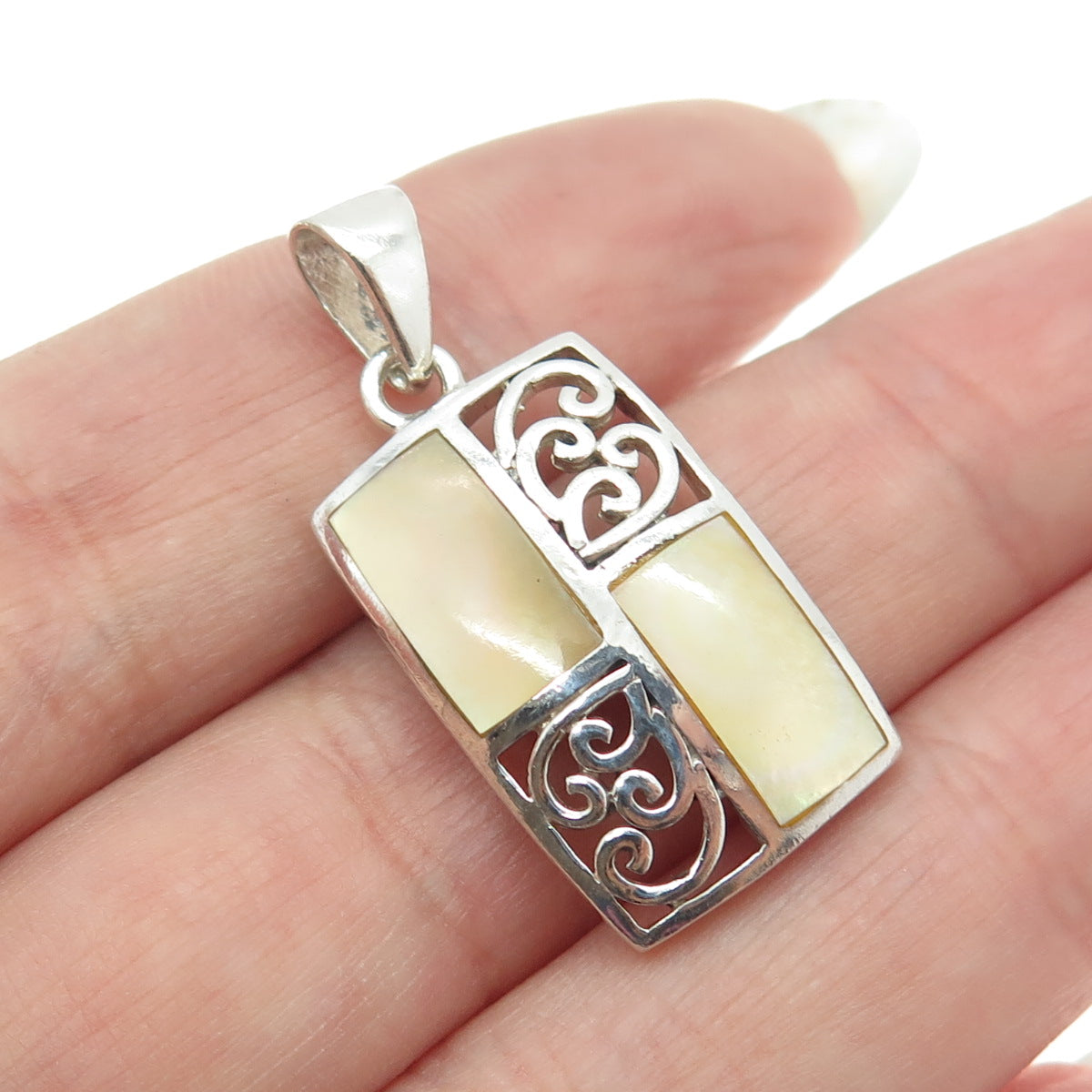 925 Sterling Silver Vintage Real Cream Mother-of-Pearl Ornate Swirl Pendant