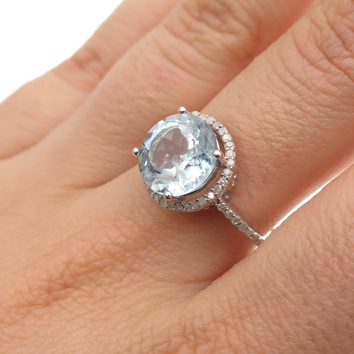 925 Sterling Silver Real Diamond Approx. 0.35ct & Aquamarine Gem Ring Size 12