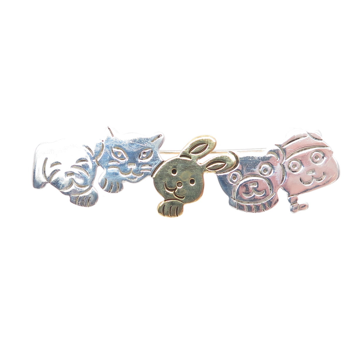 925 Sterling Silver 2-Tone Vintage Mexico Cat Dog Bear Rabbit Cartoon Pin Brooch