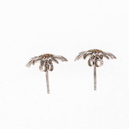 925 Sterling Silver 2-Tone Real Round-Cut Diamond Daisy Flower Stud Earrings