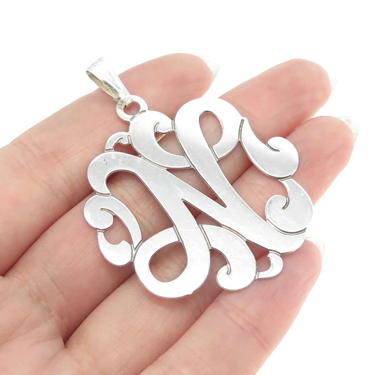 JANE BASCH 925 Sterling Silver Vintage Letter "N" Initial Ornate Pendant