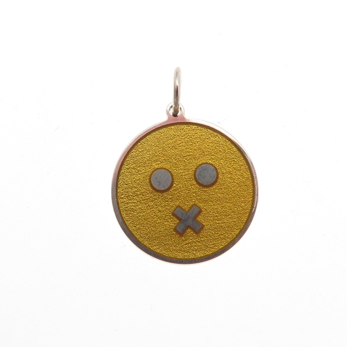 925 Sterling Silver Yellow Enamel Mouth Shut Emoji Round Tag Mini Charm Pendant