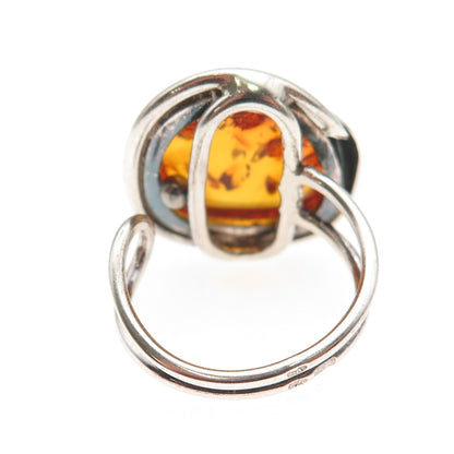 925 Sterling Vintage Poland Real Amber Modernist Adjustable Ring Size 8.75