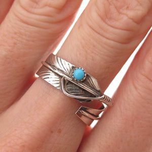 Old Pawn 925 Sterling Silver Vintage Turquoise Feather Adjustable Ring Size 9.25